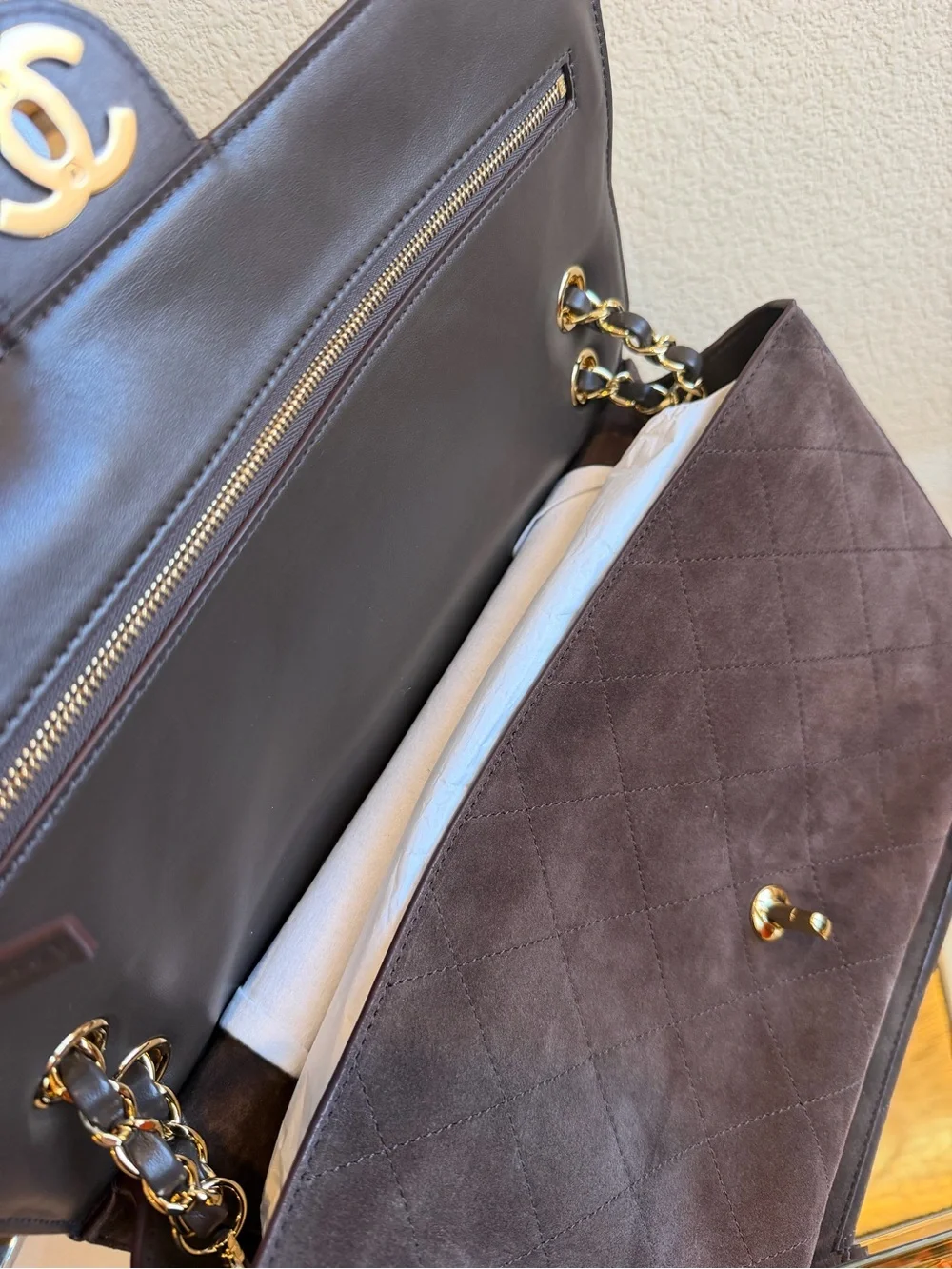 CHANEL Dark Brown Suede Quilted Flap Bag with Gold Hardware